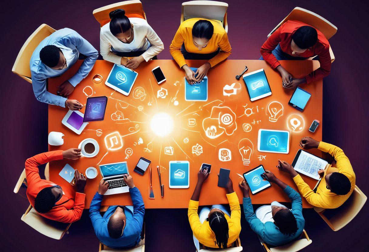 A diverse group of people sitting around a large table, sharing stories and ideas while engaging with digital devices, symbolizing community bonding through blogging. An ethereal glow surrounds the group, representing creativity and connection. Various blog themes and icons float in the background, illustrating different blogging topics. Warm, inviting colors create a sense of harmony and collaboration. vibrant colors. 3D.