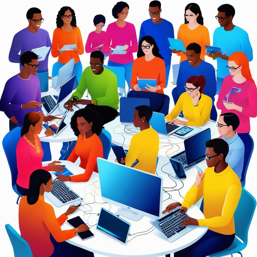 A vibrant digital landscape showcasing a diverse group of people engaging in discussions through laptops and tablets, symbolizing the connection between digital diaries and dynamic conversations. In the background, intertwining circuits represent technology bridging nonprofits. Include vivid colors and expressive facial expressions to convey enthusiasm and connection. super-realistic. vibrant colors. white background.