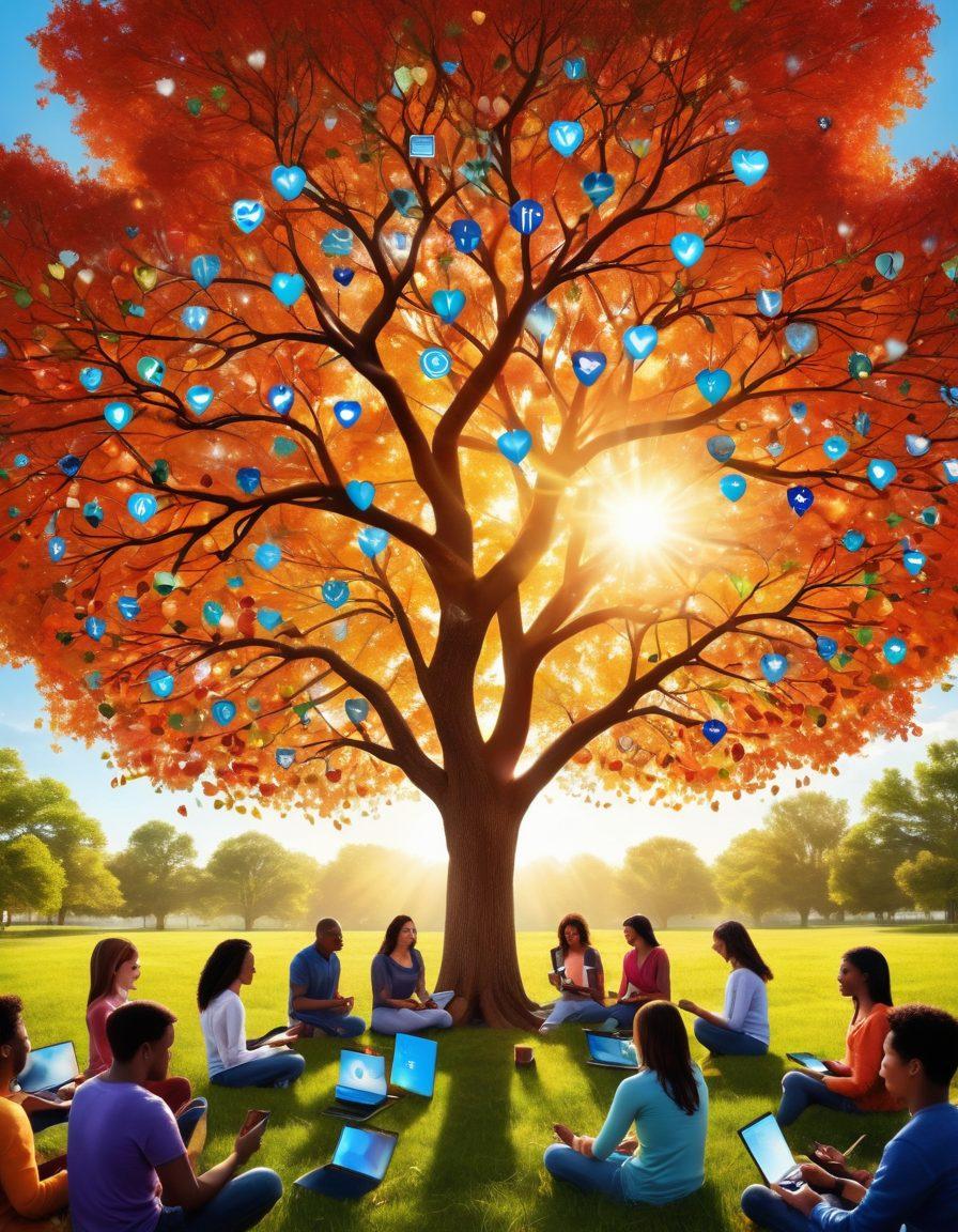 A vibrant community gathering scene where diverse individuals are sharing their stories and experiences, surrounded by digital devices showing blogs and social media posts. Incorporate symbols of nonprofit work, such as hearts and helping hands, connecting to the digital world. Highlight a warm, inviting atmosphere, with elements like trees and sunshine in the background to symbolize growth and togetherness. super-realistic. vibrant colors. soft focus.